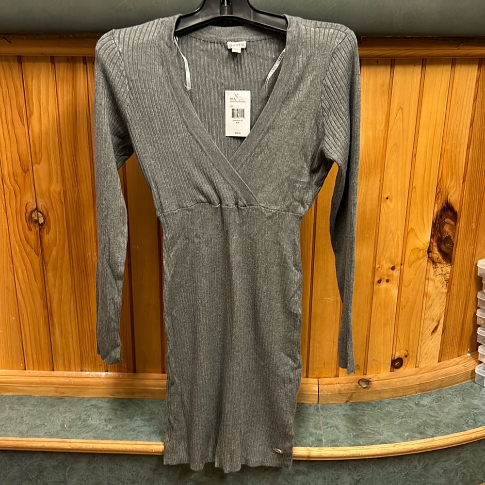 GUESS Low V Neck Sweater Dress Grey - Size S